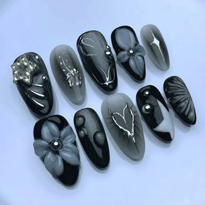 3D Flower Almond Press-On Nails