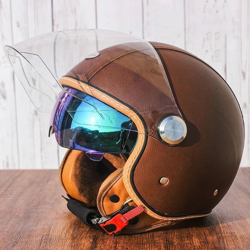 Brown Leather-Look 3/4 Jet Helmet