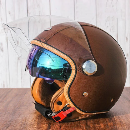 Brown Leather-Look 3/4 Jet Helmet