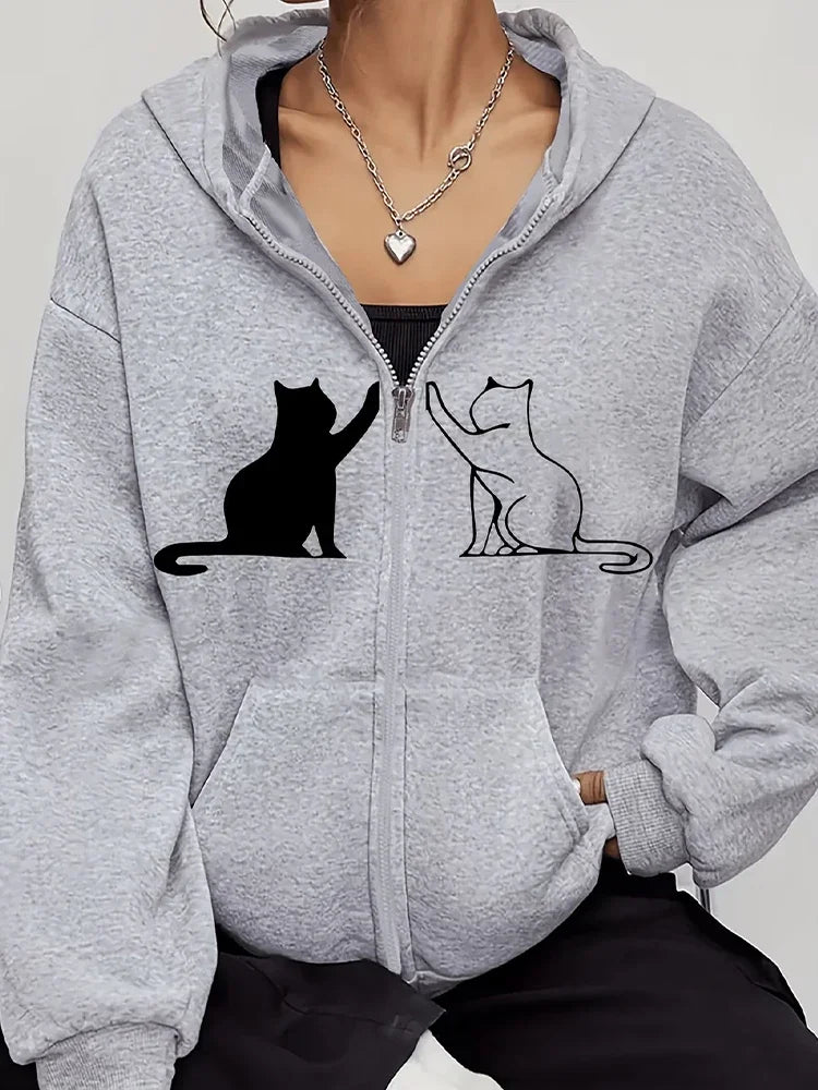 Cat Print Zip Hooded Jacket