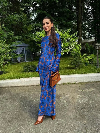 Printed Round-Neck Long Sleeve Dress