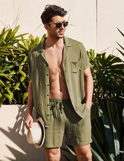 Cotton Linen Short Sleeve Shirt Set