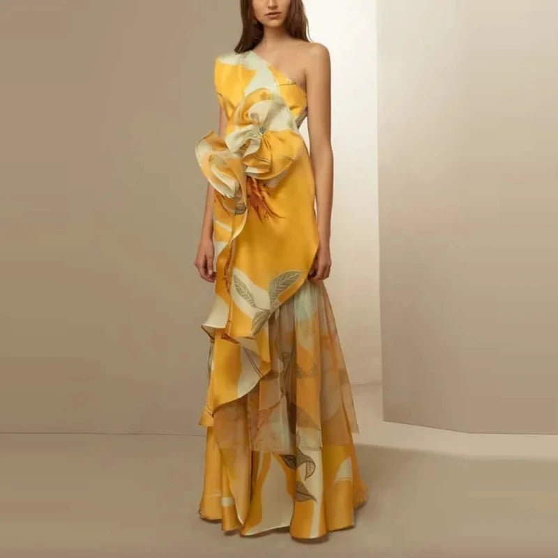 Diagonal Collar Long Dress