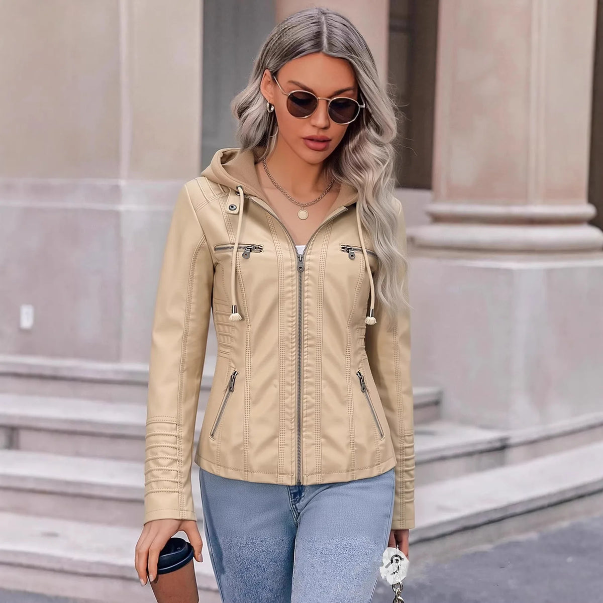 Detachable Hood Faux Leather Jacket
