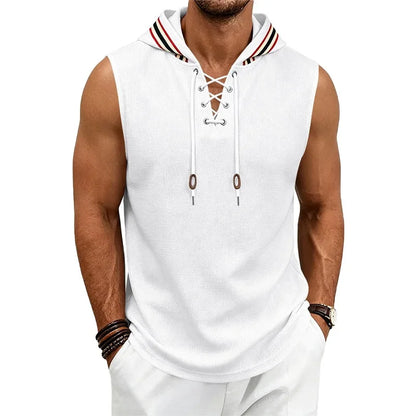 Cross-Lacing Waffle Knit Hooded Vest