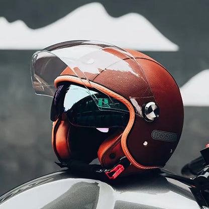 Brown Leather-Look 3/4 Jet Helmet