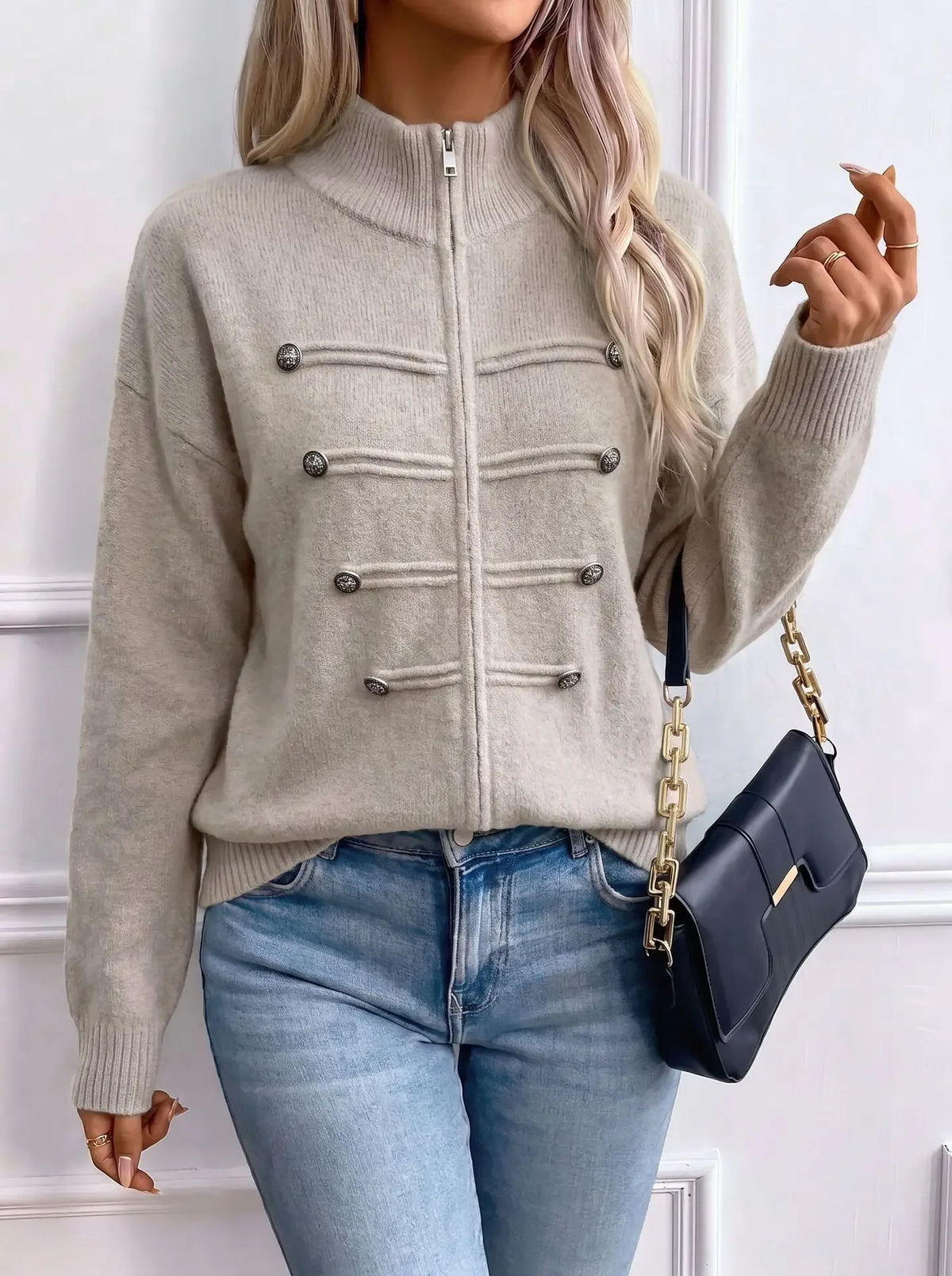 Stand Collar Zip Knit Cardigan