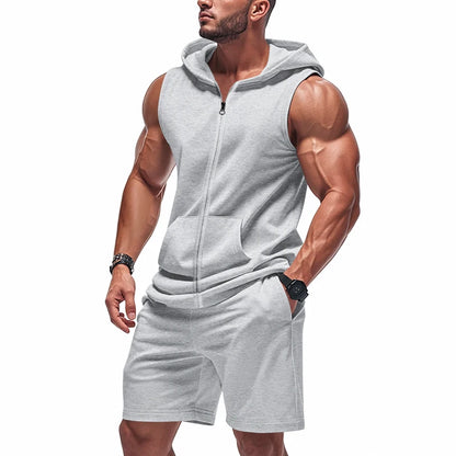 Sleeveless Zipper Hoodie Shorts Set