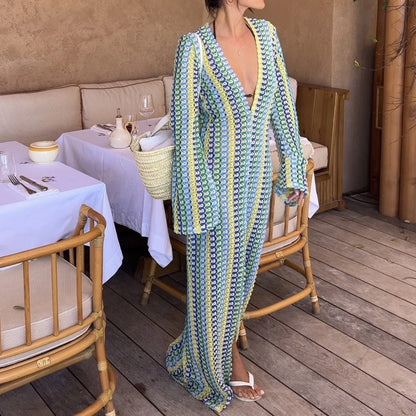 Crochet Striped Flare Sleeve Maxi Dress
