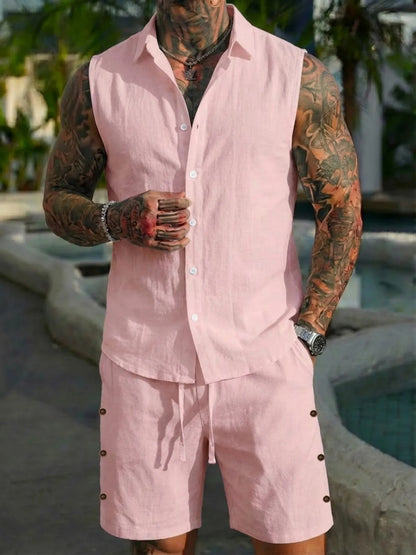Cotton Linen Sleeveless Shirt Set