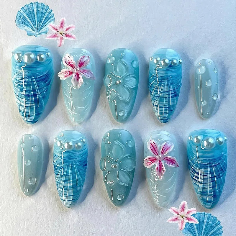 Gradient Blue Flower Press-On Nails