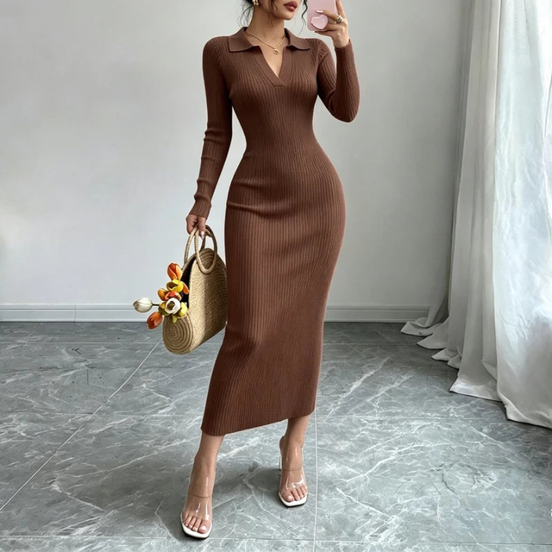 Ribbed Knit Long Sleeve Sweater Dress