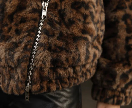 Leopard Print Faux Fur Zip Jacket
