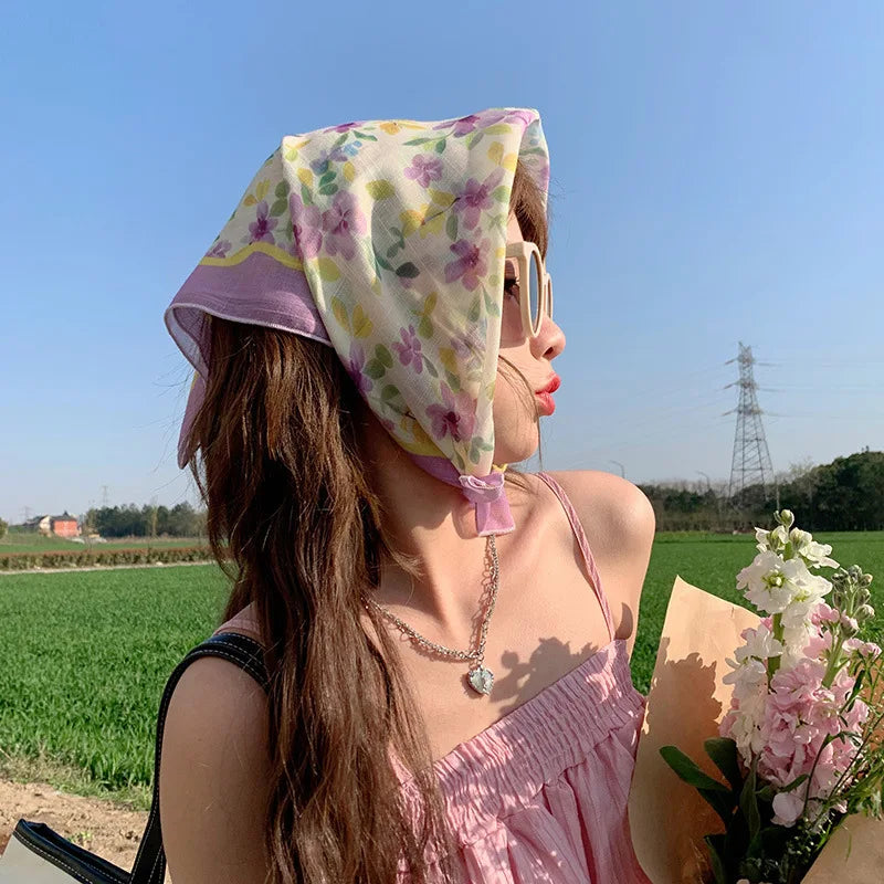 Cotton Linen Square Floral Scarf