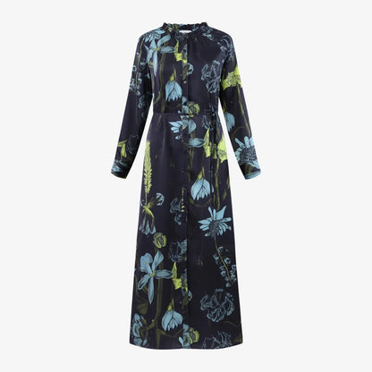 Satin Ruffled-Neck Dress with Removable Belt