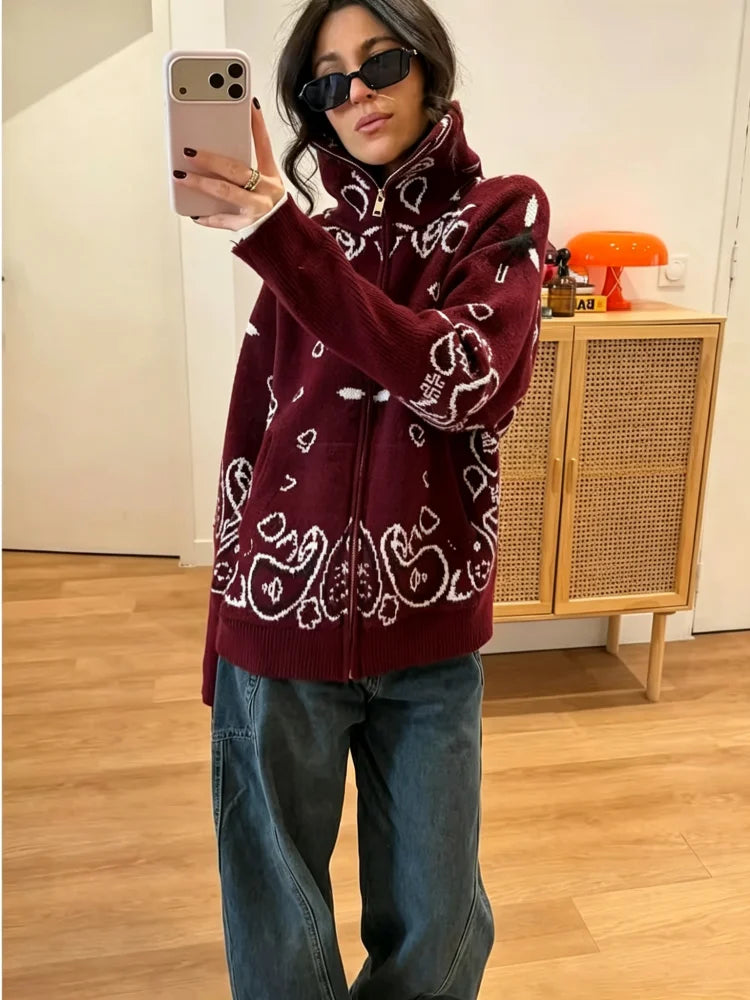 Paisley Zip-Up Knit Cardigan