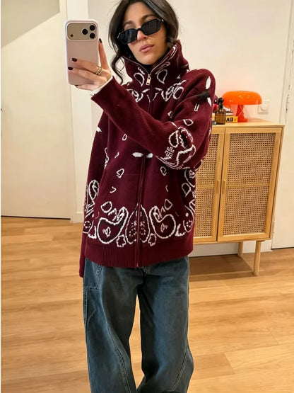 Paisley Zip-Up Knit Cardigan