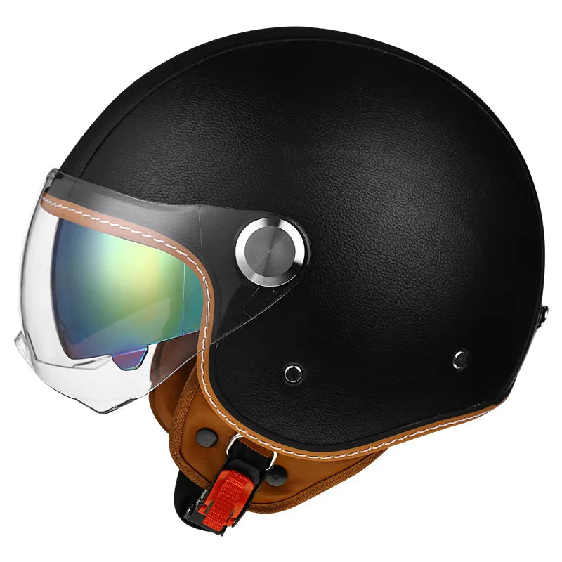 Brown Leather-Look 3/4 Jet Helmet