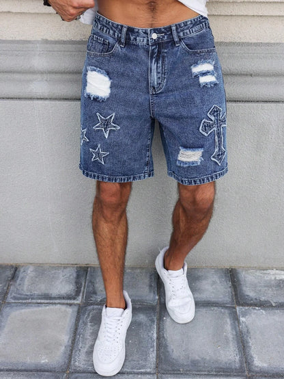 Blue Embroidered Ripped Denim Shorts