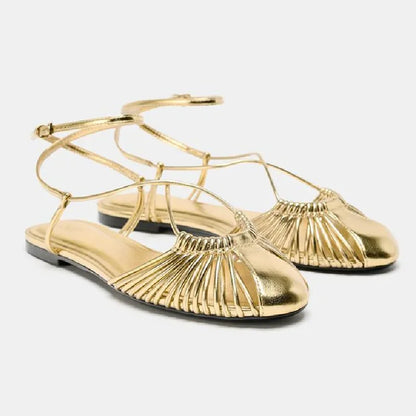 Sylmza Gold Weave Hollow Flat Sandals