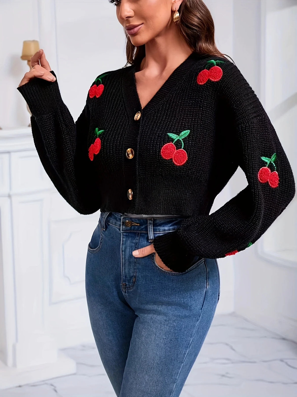 Cherry Embroidered Lantern Sleeve Cardigan
