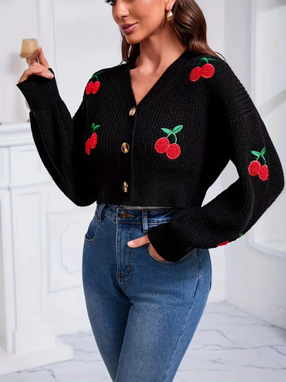 Cherry Embroidered Lantern Sleeve Cardigan