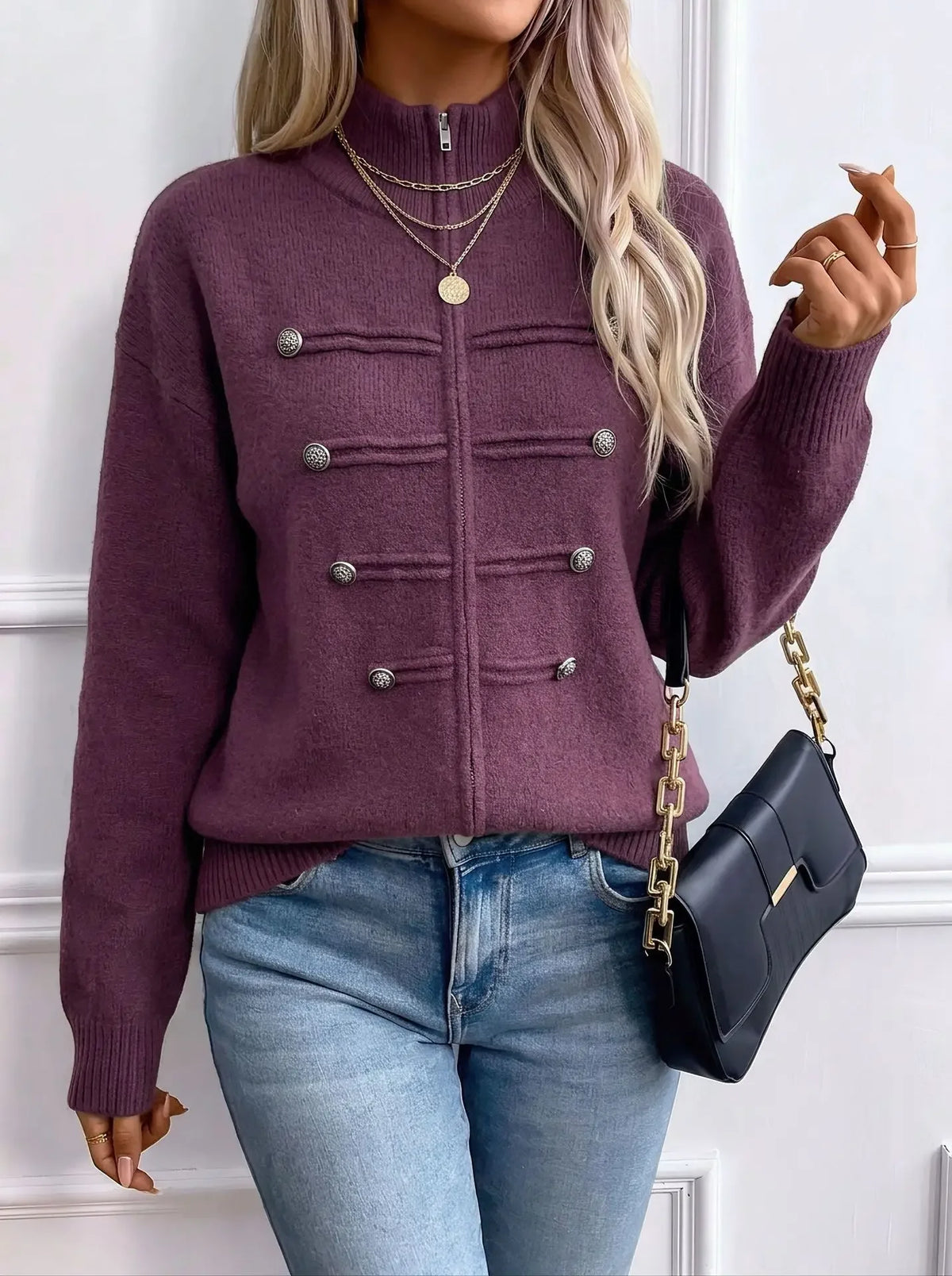 Stand Collar Zip Knit Cardigan