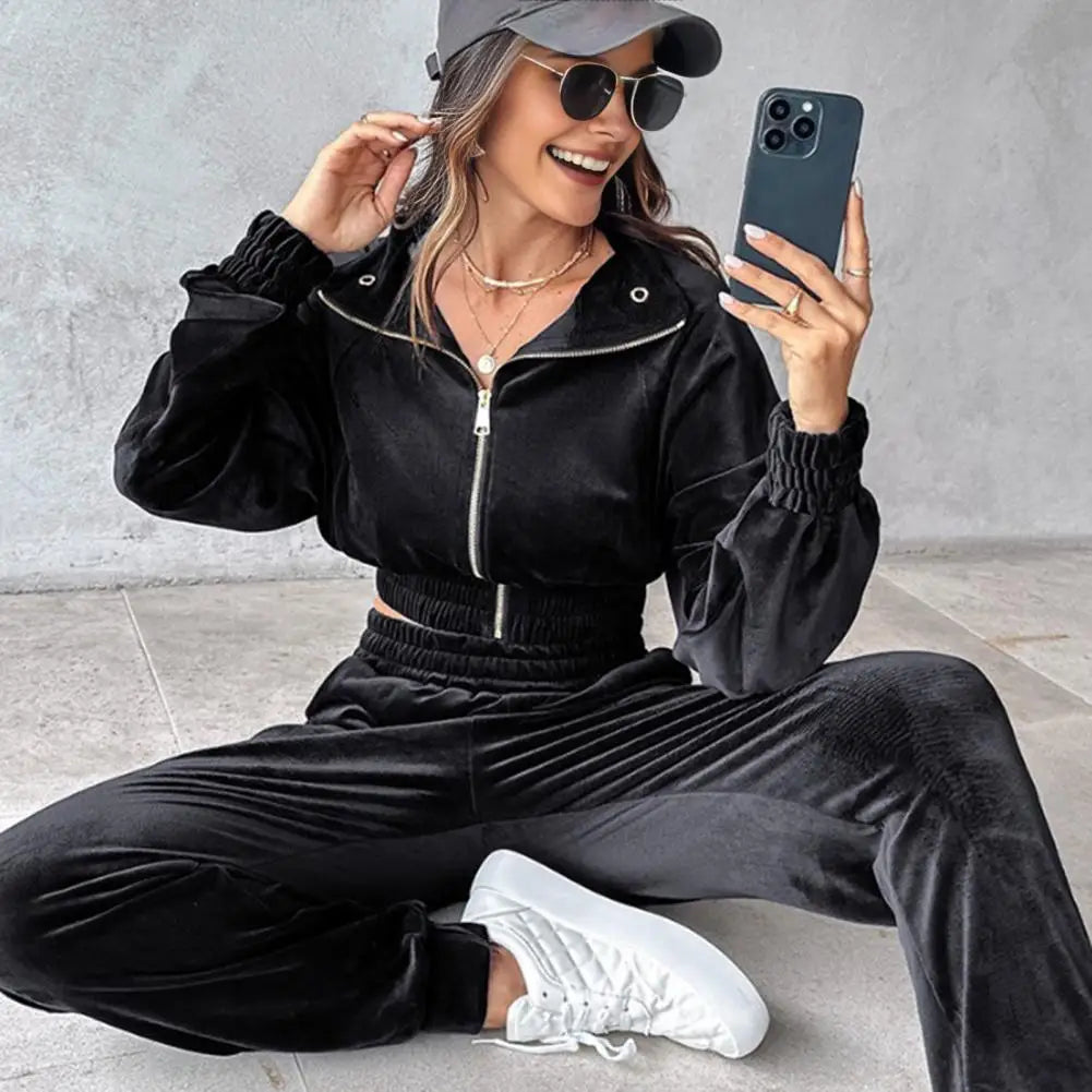 Women Velvet Two-Piece Tracksuit Set