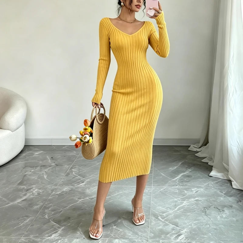 Ribbed Knit V-Neck Sweater Dress