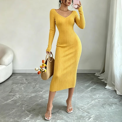 Ribbed Knit V-Neck Sweater Dress