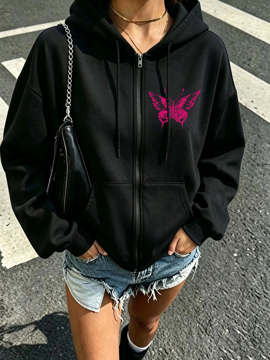 Butterfly Drawstring Zip Hoodie