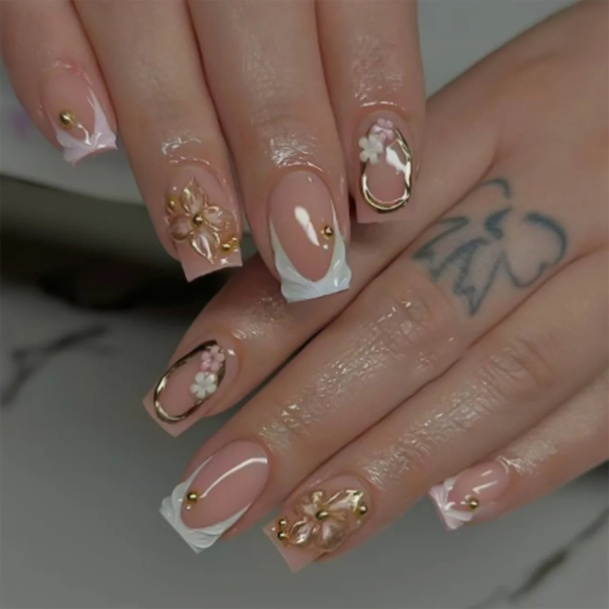 Blue Flower French Press-On Nails
