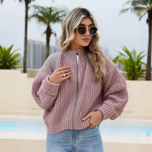 Retro Loose Zipper Knit Cardigan