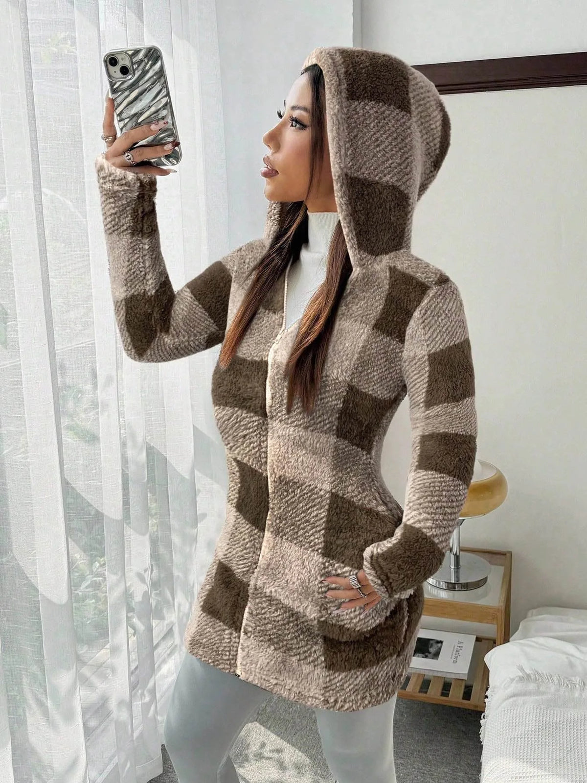 Plaid Fleece Hooded Zip Jacket