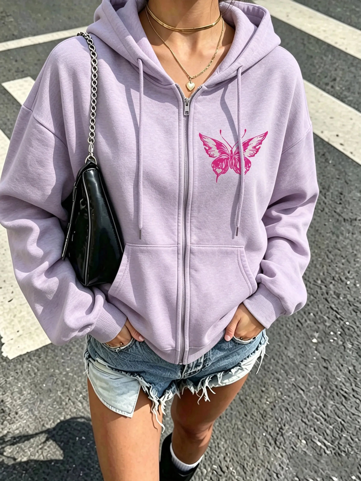 Butterfly Drawstring Zip Hoodie