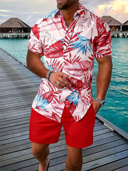 3D Leaf Print Hawaiian Shirt Set