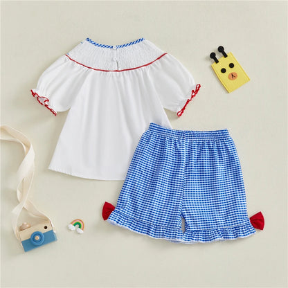 Baby Girl Summer Outfit Set – Apple Embroidery Top & Plaid Shorts