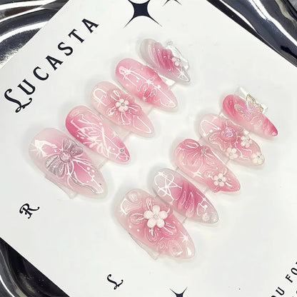 3D Flower Almond Press-On Nails