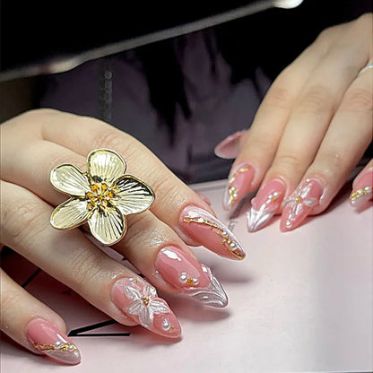 3D Flower Almond Press-On Nails
