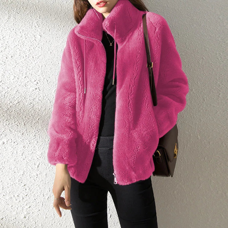 Mandarin Collar Faux Fur Coat