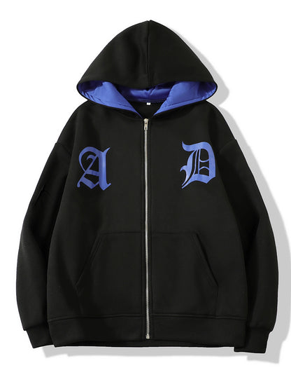Embroidered Letter Zip Hoodie