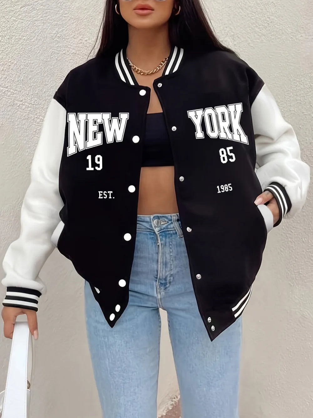 Letter Print Fleece Baseball Jacket