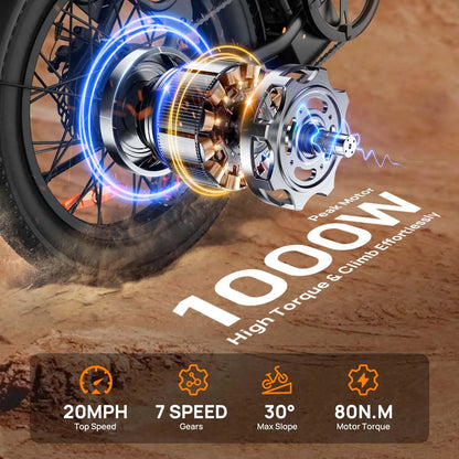 1000W E20 Electric Bike – 48V 13Ah Removable Battery