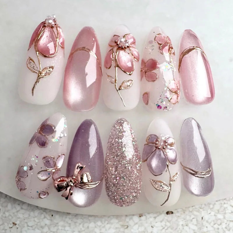 Floral Almond Press-On Nails