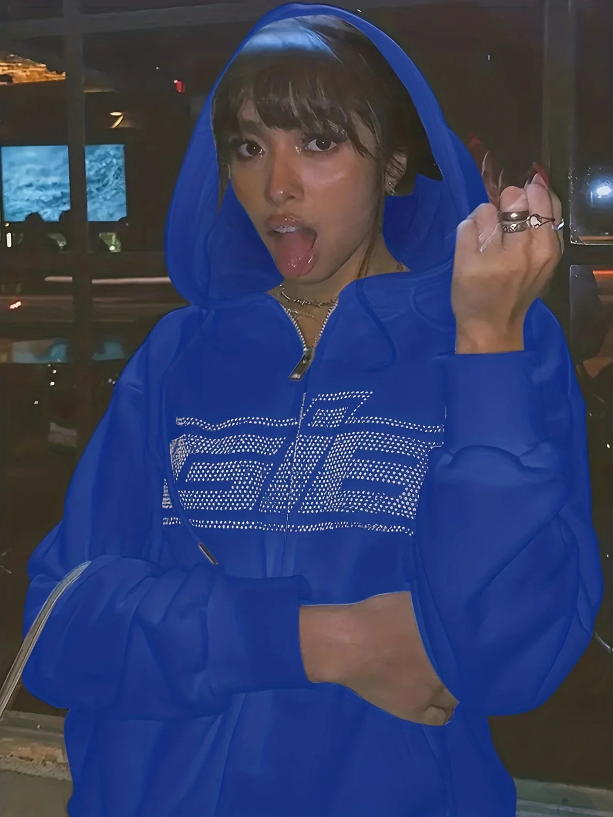 Rhinestone Letter Zip Hoodie