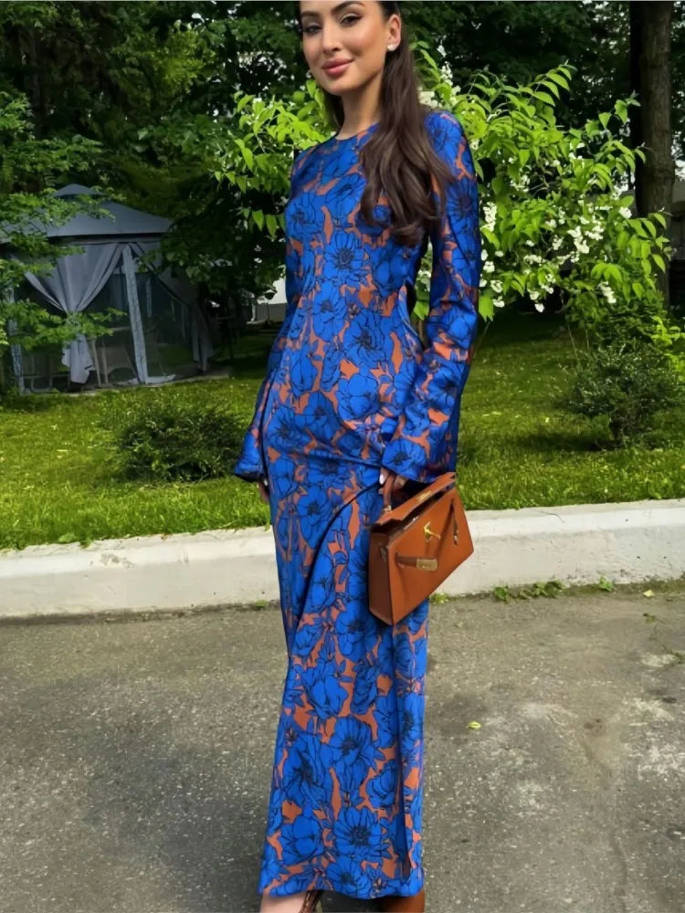 Printed Round-Neck Long Sleeve Dress