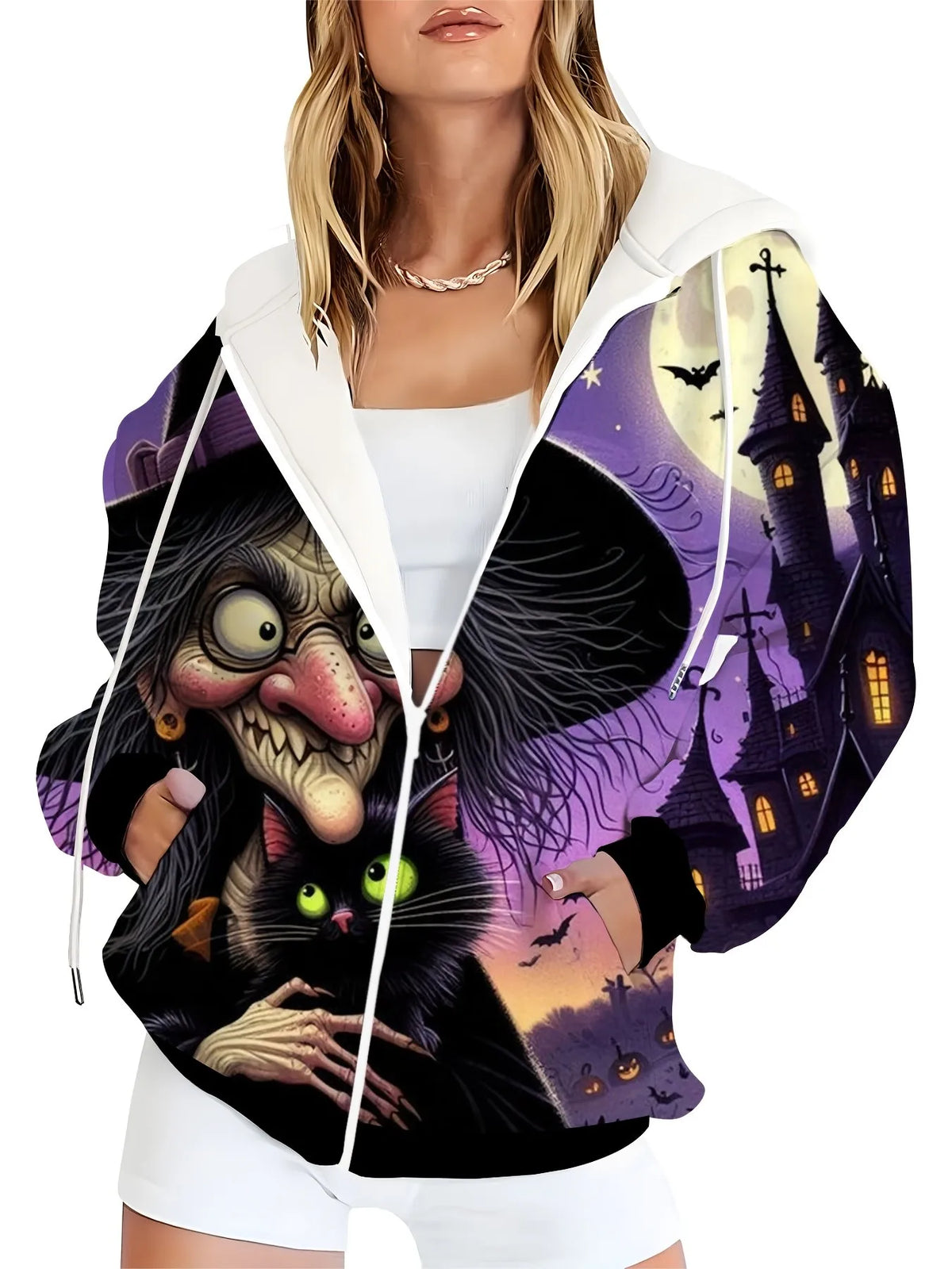 3D Cat Print Zip Hoodie