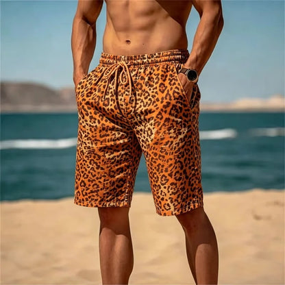 Leopard Print Drawstring Beach Shorts