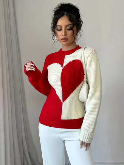 Color-Block Heart Knit Pullover