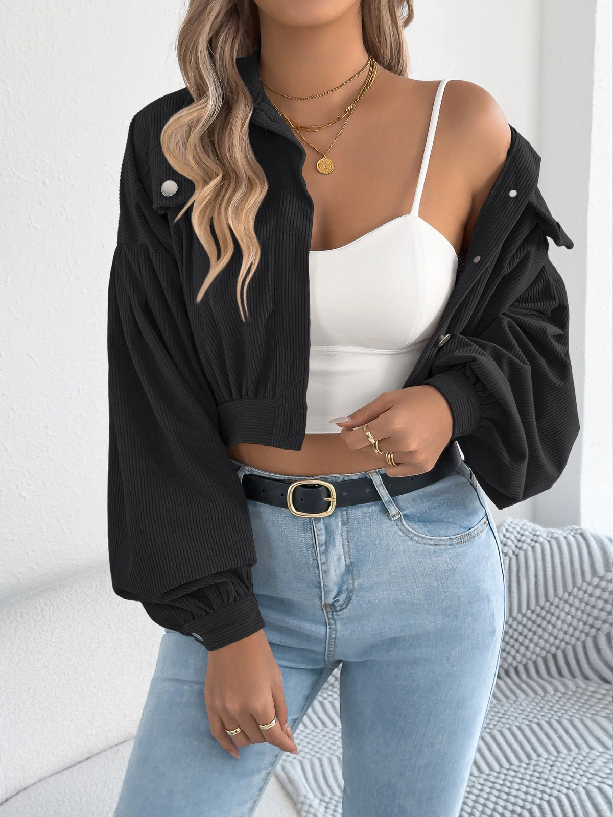 Corduroy Cropped Button Jacket